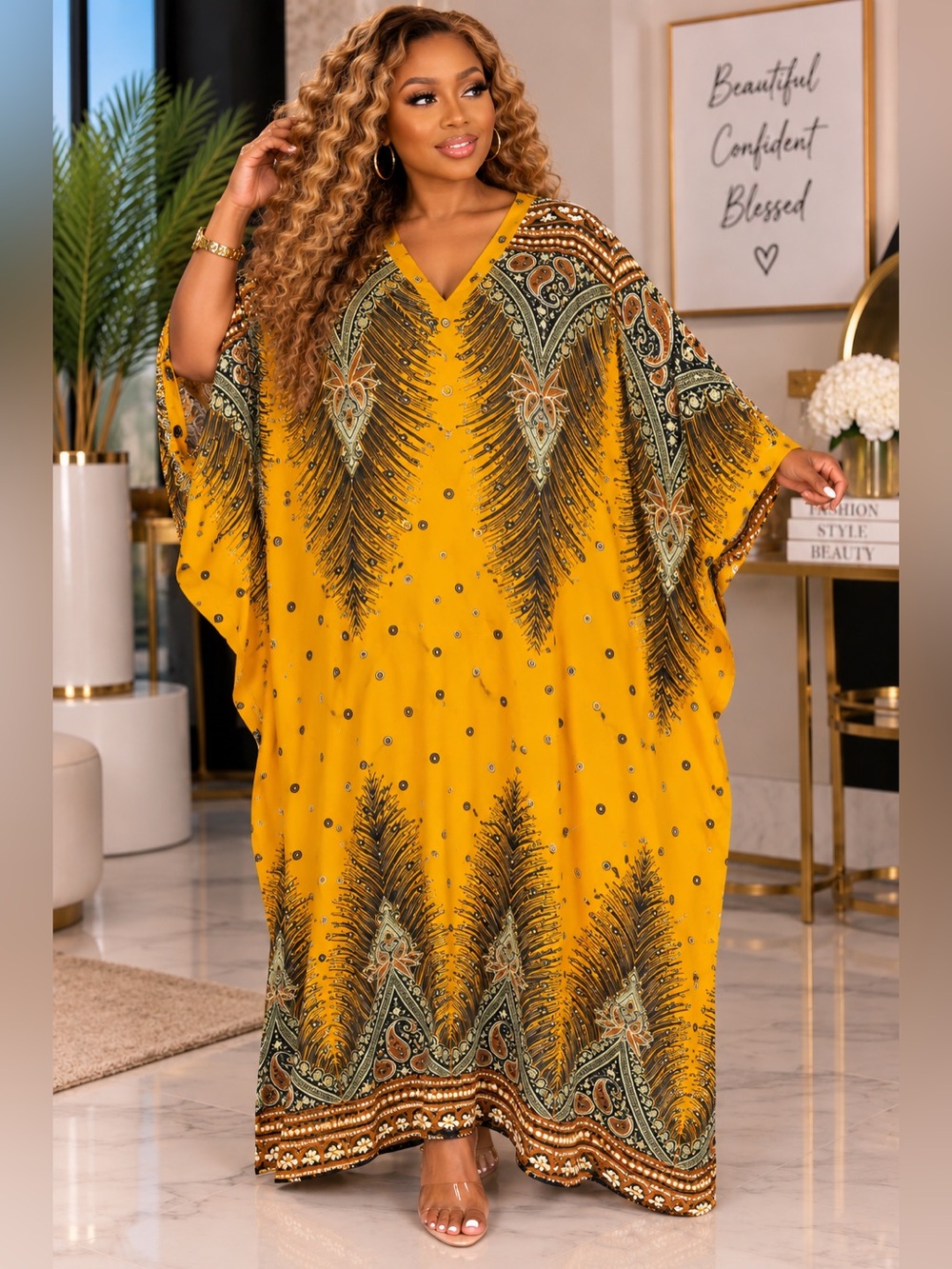 Elegant Mustard Yellow Printed Kaftan – Women's Swim Cover-Up